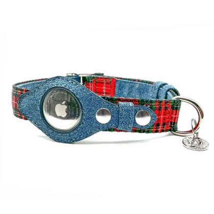 Red Plaid & Denim - Apple Airtag Collar - Large