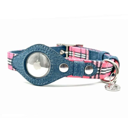 Pink Plaid & Denim - Apple Airtag Collar - Medium