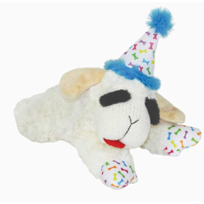 Blue - Multipet Lamb Chop w/ Birthday Hat Plush Dog Toy  - 10.5\